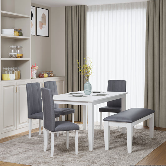 ESTRE Elderberry Solid Rubber Wood 6-Seater Dinning Table | 4-Fully Cushioned Fabric Dining Chair  | 1-Cushioned Fabric Dining Bench in White Finish