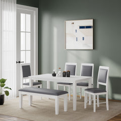 ESTRE Elderberry Solid Rubber Wood 6-Seater Dinning Table | 4-Cushioned Fabric Dining Chair | 1-Cushioned Fabric Dining Bench in White Finish