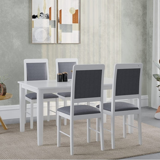 ESTRE Mulberry Solid Rubber Wood 4-Seater Dinning Table | 4-Cushioned Fabric Dining Chair in White Finish