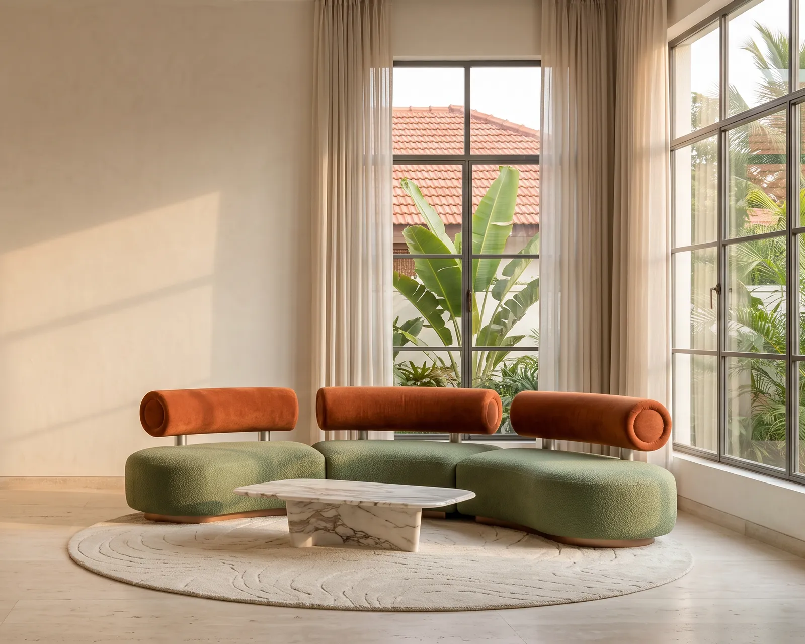 The Riverbend sofa, a curved sage-green sectional with rust bolsters, in a sunlit Bengaluru living room