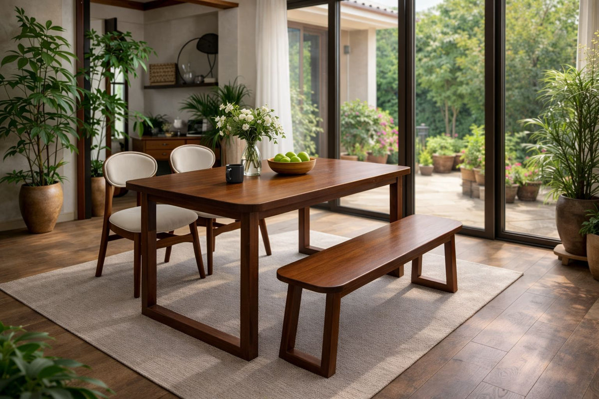 Casa Premium Teak Wood Dining Table with 3 Chairs and Bench