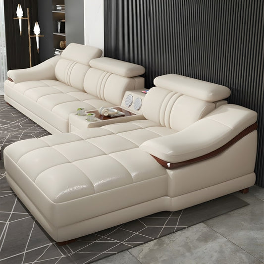 Leather Sofa Rossato | Adjustable Headrest & Wooden Panel Armrests | Premium Design with Console Options: Speakers, Storage, & Cup Holders | Direct from Factory