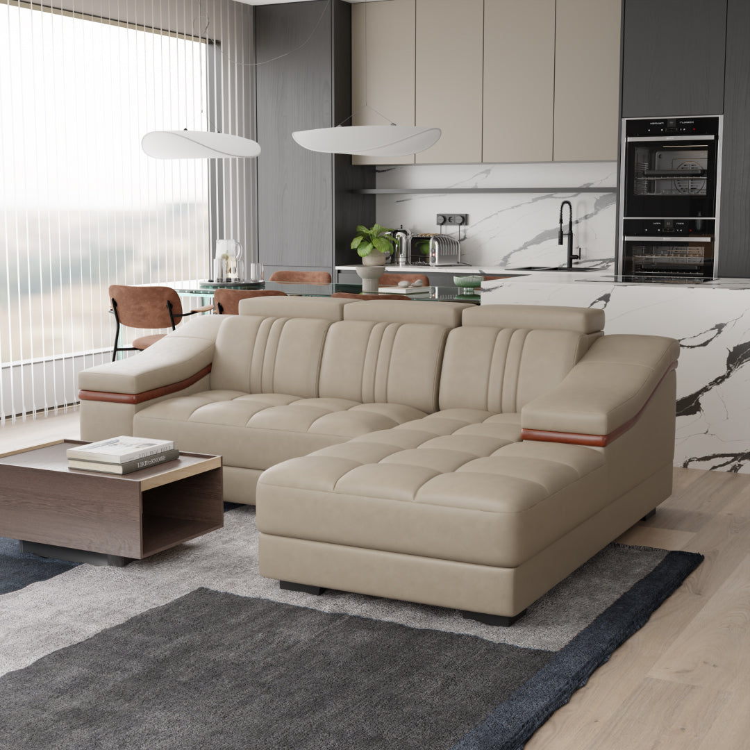 Sofa Rossato | Adjustable Headrest & Wooden Panel Armrests | Premium Design with Console Options: Speakers, Storage, & Cup Holders | Direct from Factory