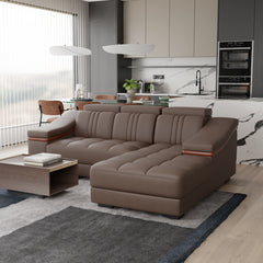 Sofa Rossato | Adjustable Headrest & Wooden Panel Armrests | Premium Design with Console Options: Speakers, Storage, & Cup Holders | Direct from Factory