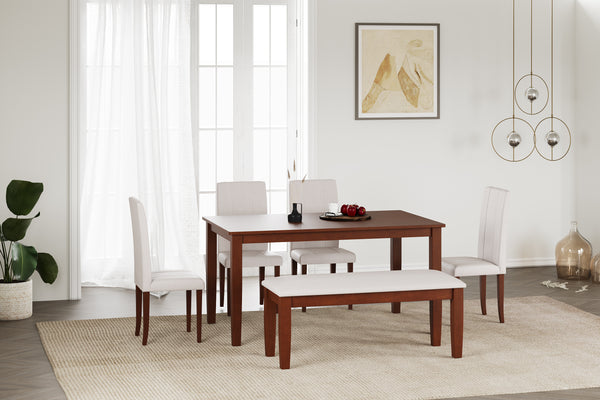 ESTRE Elderberry  Rubber Wood 6-Seater Dinning Table | 4-Fully Cushioned Fabric Dining Chair  | 1-Cushioned Fabric Dining Bench in Walnut Finish