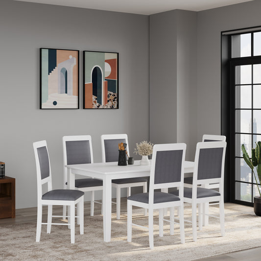 ESTRE Elderberry Solid Rubber Wood 6-Seater Dinning Table | 6-Cushioned Fabric Dining Chair in White Finish