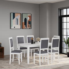 ESTRE Elderberry Solid Rubber Wood 6-Seater Dinning Table | 6-Cushioned Fabric Dining Chair in White Finish